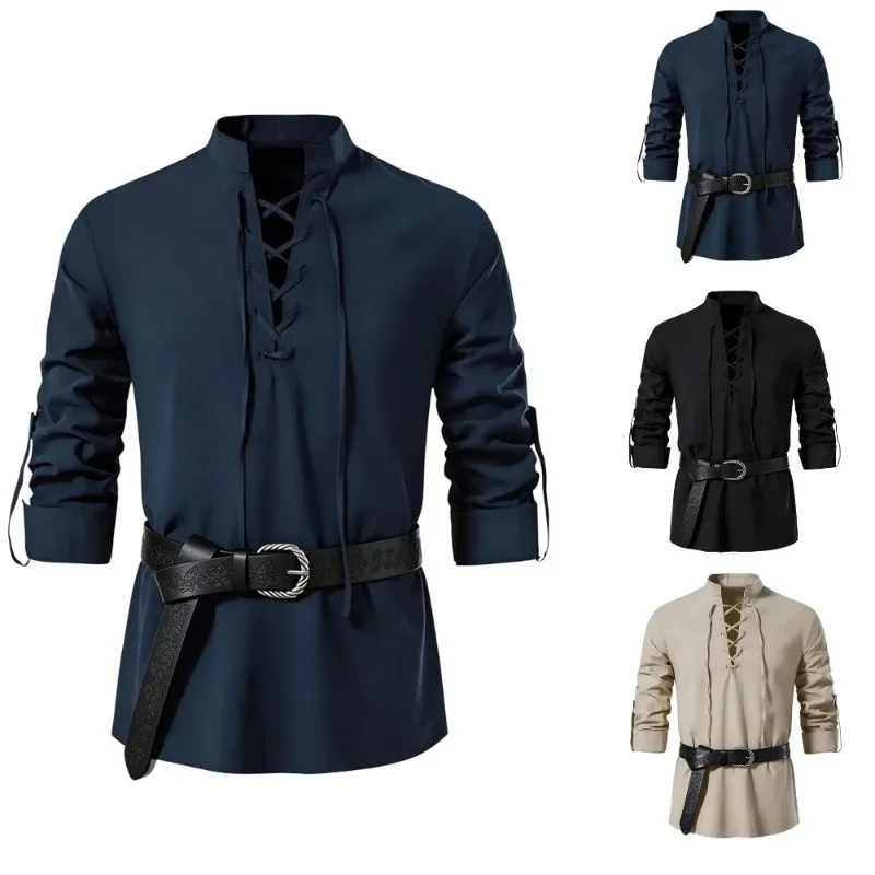 Medieval Gothic Lace Up Pirate Shirt - Camisa medieval vikinga para hombre, con