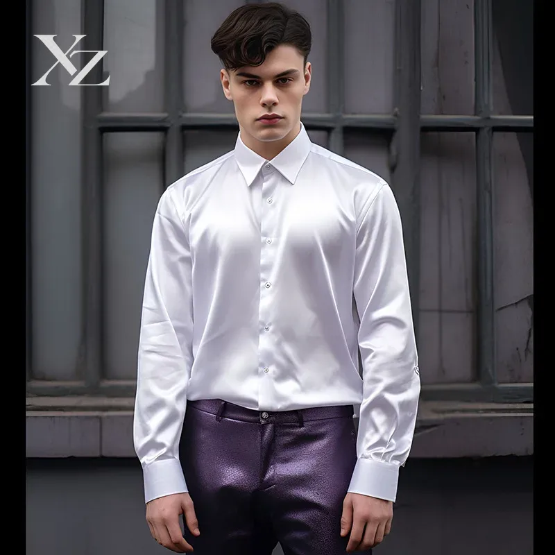 Mens Satin Silk Dress Shirt - Camisa de vestir para hombre, de